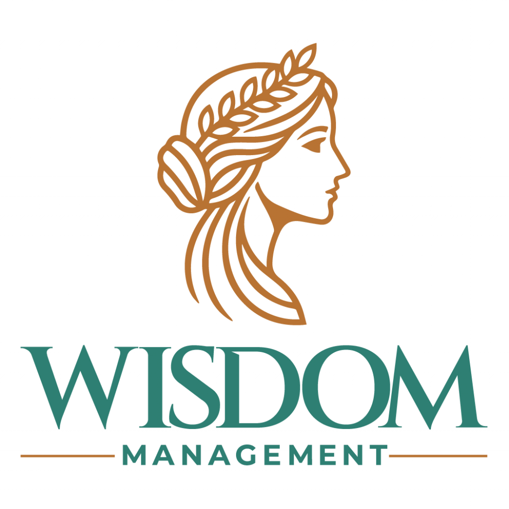 Wisdom Management Logo with a side profile view of the goddess Athena in Copper and Wisdom Management in Teal